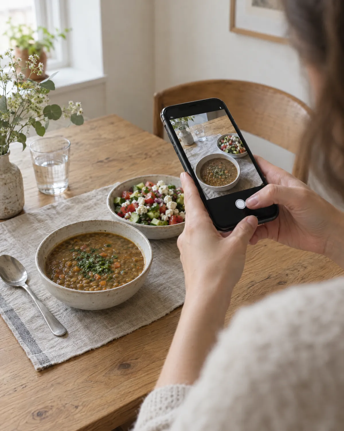 Mutfak masasında mercimek çorbası ve salatanın fotoğrafını telefonuyla çeken bir danışan