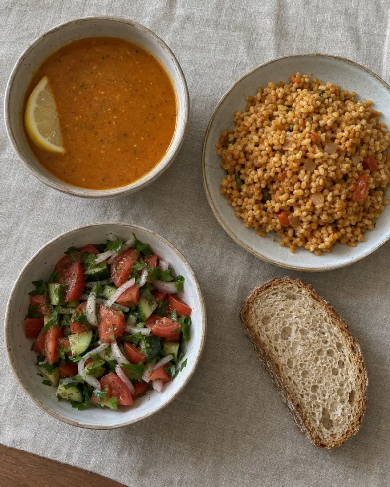 Mercimek çorbası, bulgur pilavı, çoban salata ve bir dilim köy ekmeğinden oluşan öğle yemeği