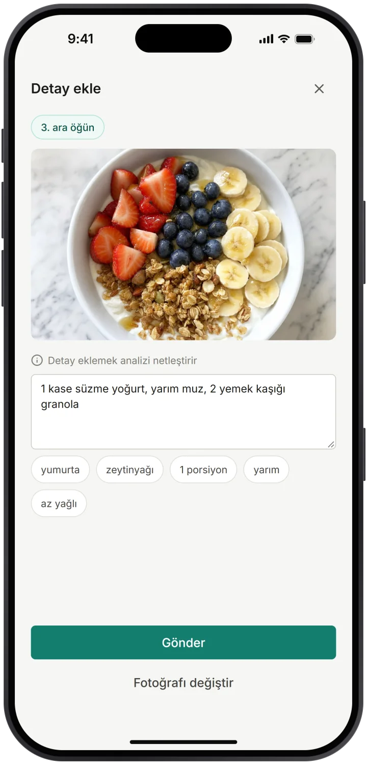 Danışan uygulamasında öğün fotoğrafı ve kısa açıklama, gönderilmeden önce