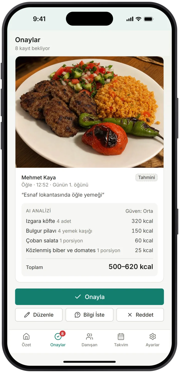 Mobil onay ekranında bir öğle yemeği fotoğrafı ve AI analizi, toplam 500 ile 620 kcal arası