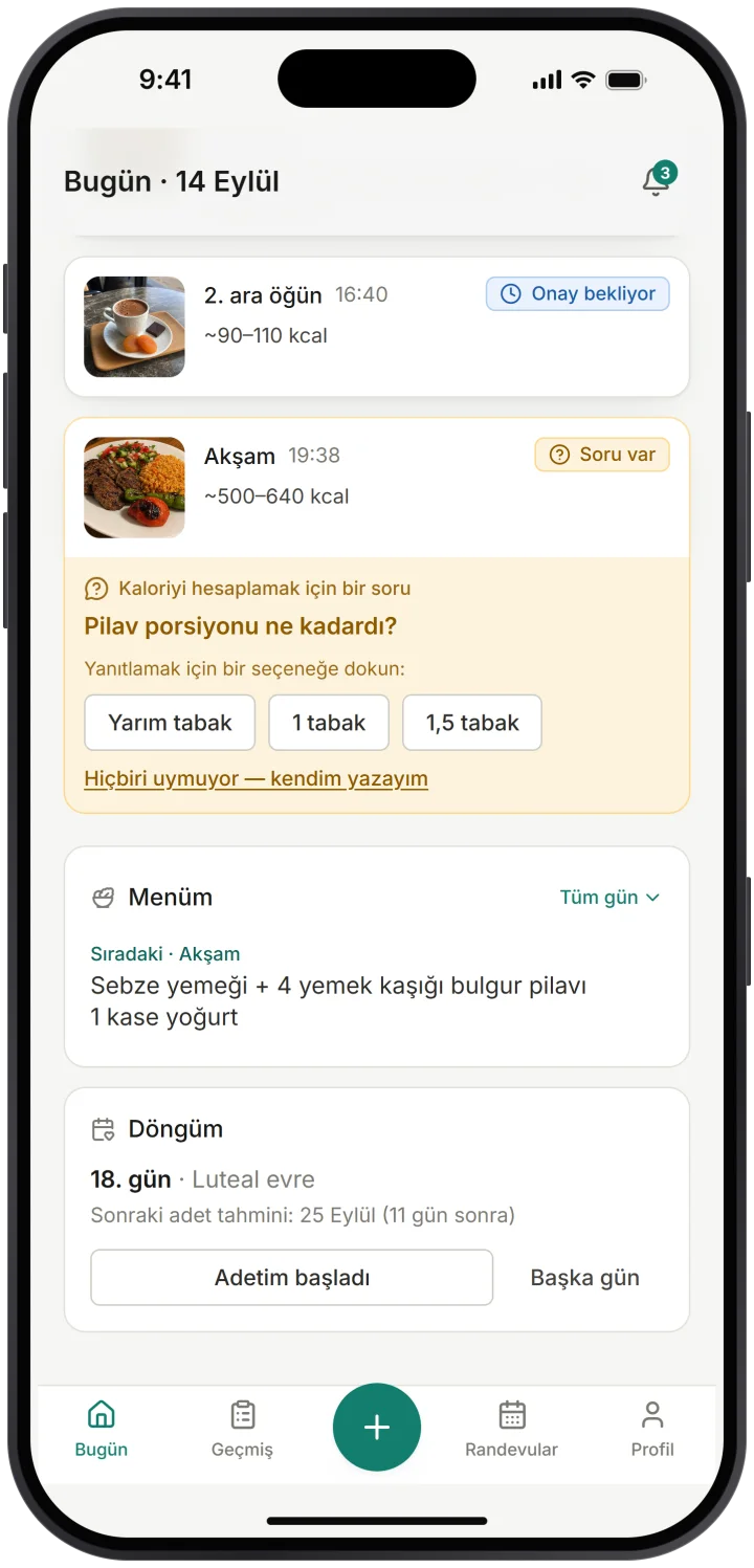 Danışanın ekranında diyetisyenin menüsünden sıradaki öğün ve döngü takibi